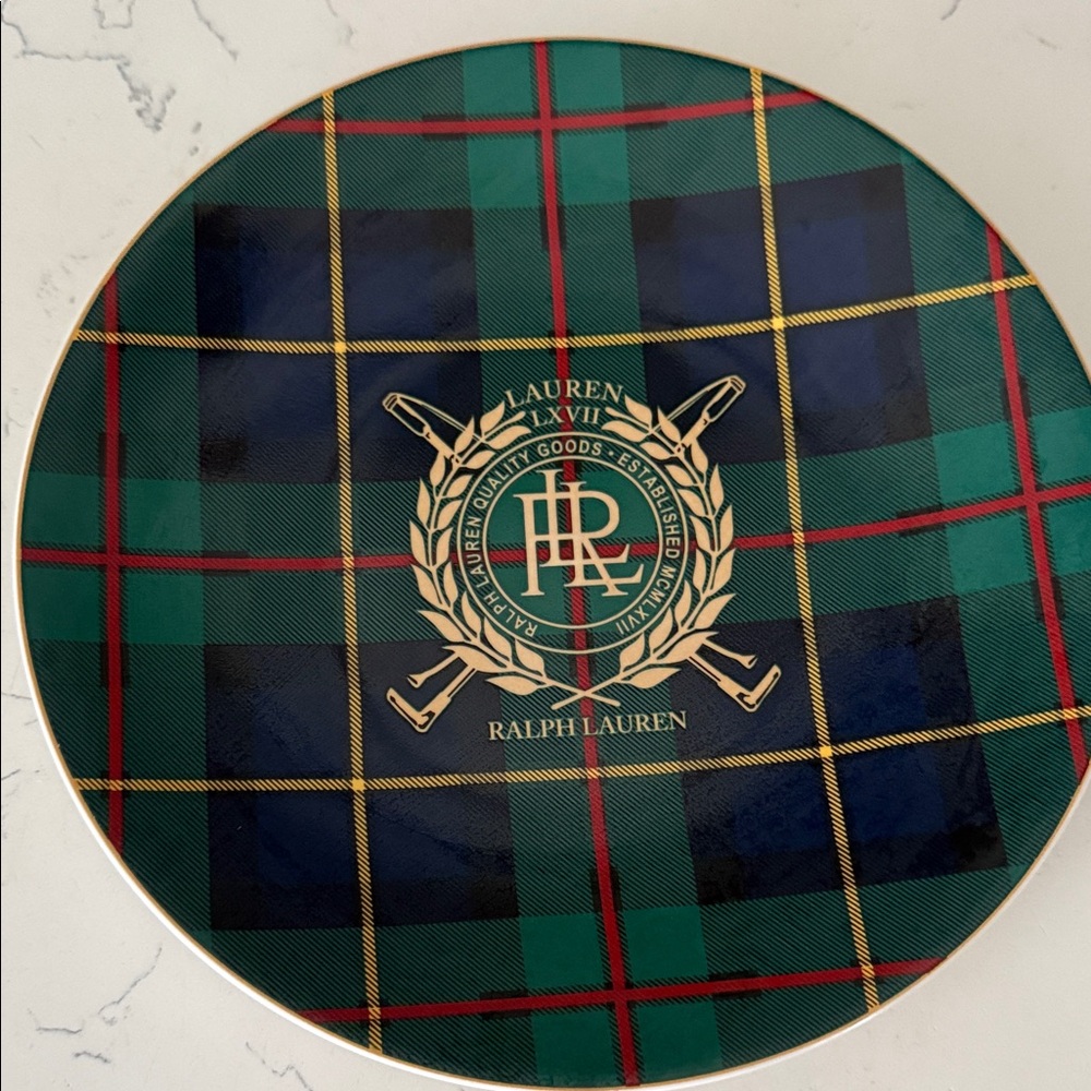 Ralph Lauren Green, Navy & Red Tartan Plate with Gold Crest